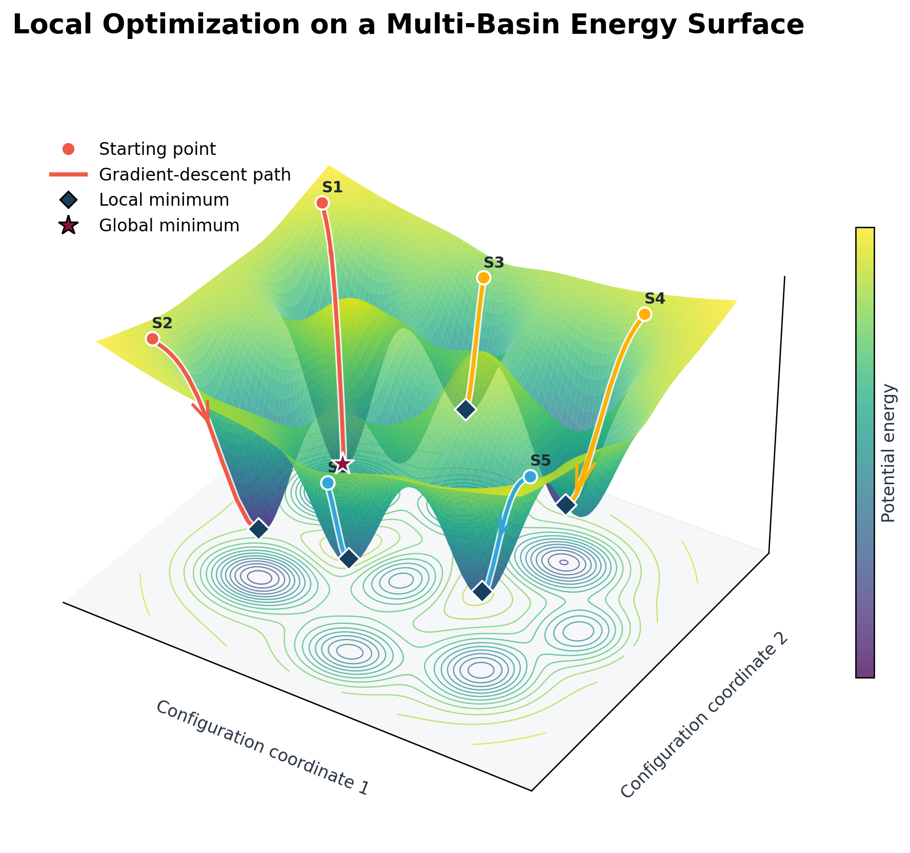 Potential energy surface and local optimization paths